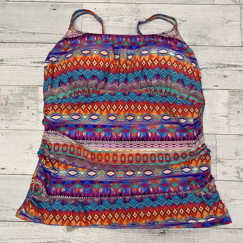 Profile By Gottex Tankini Top Womens Medium Multicolor Tribal Ruched Swimwear